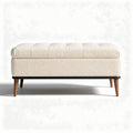 Gestoffeerde poef van beige textiel met houten poten 90 x 45 x 45cm