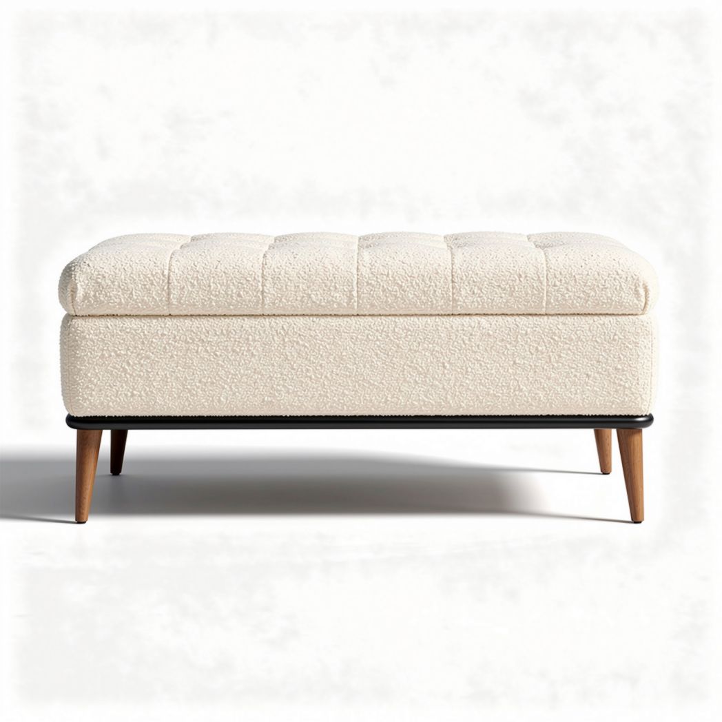 Gestoffeerde poef van beige textiel met houten poten 90 x 45 x 45cm