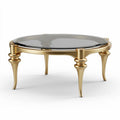 Ronde salontafel van goudkleurig metaal met zwart glazen blad 90 x 90 x 45cm