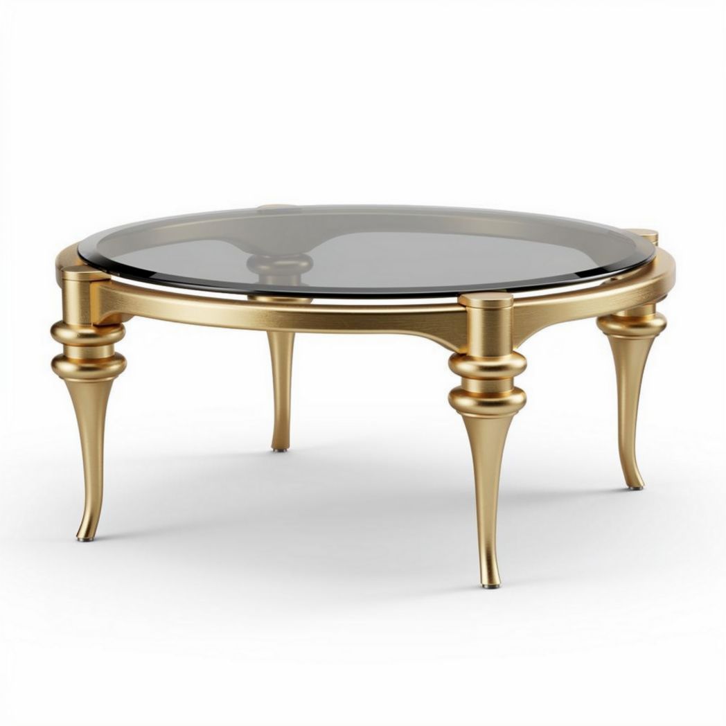 Ronde salontafel van goudkleurig metaal met zwart glazen blad 90 x 90 x 45cm