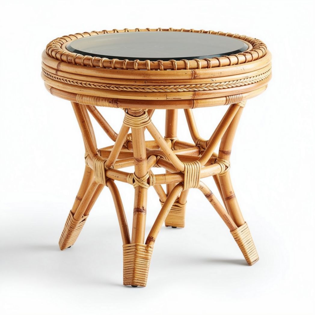 Ronde rieten bijzettafel met zwart glazen blad 45 x 45 x 50cm