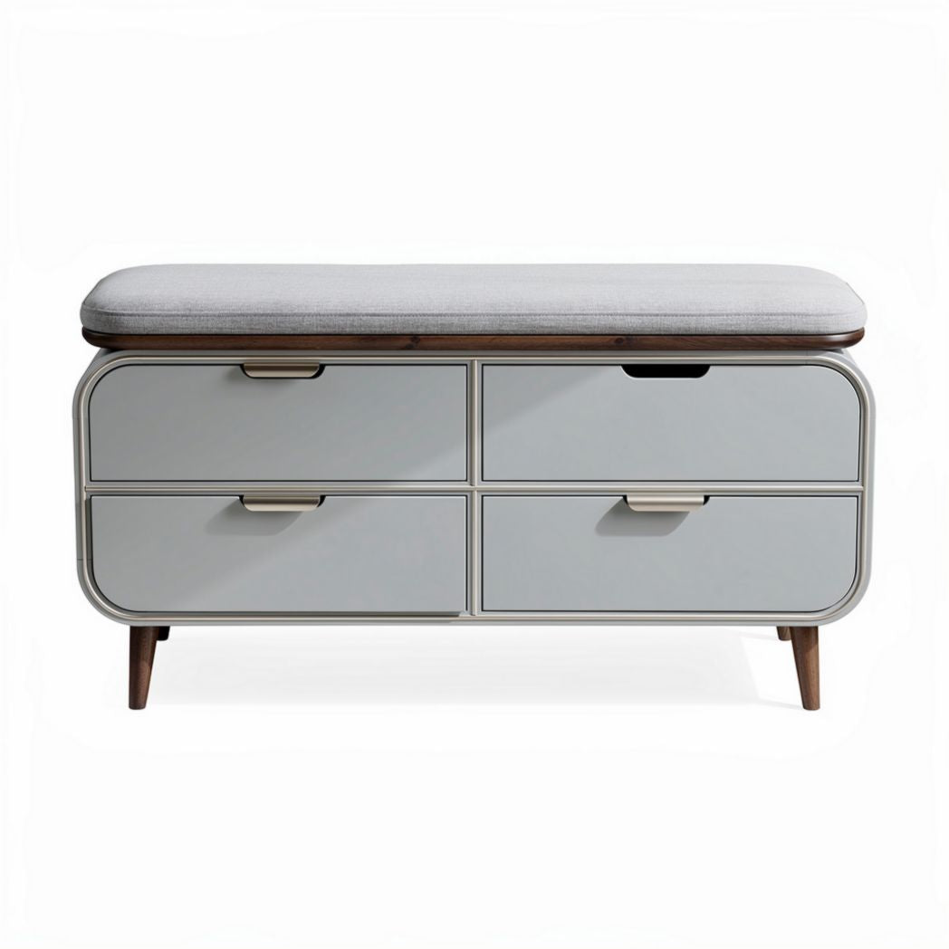 Opbergbank met vier lades en grijs kussen van hout 100 x 40 x 45cm
