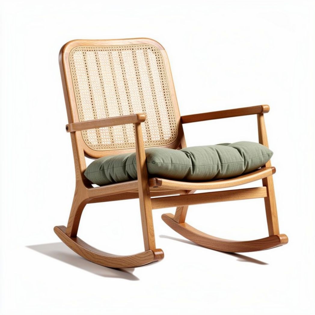 Schommelstoel van rotan met kussen in beige 80 x 70 x 90cm