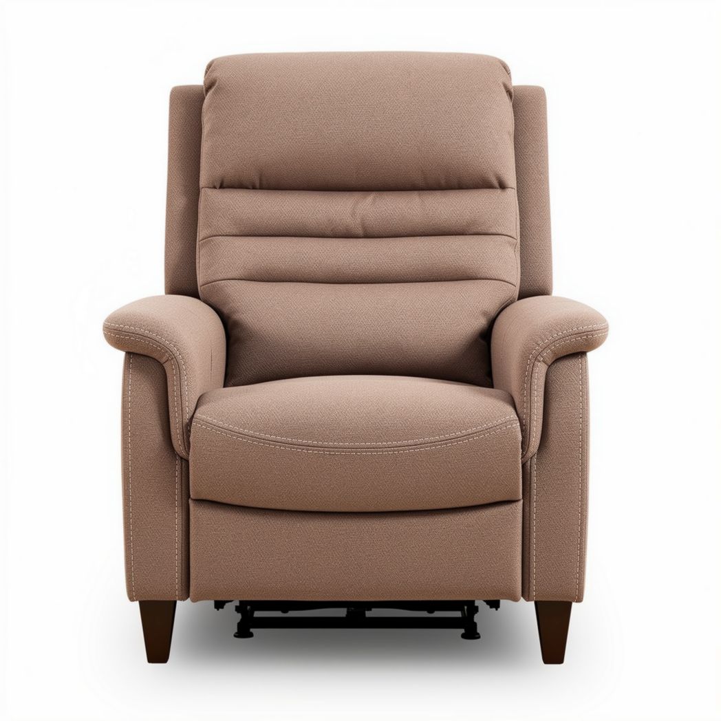 Elektrische sta-op fauteuil in beige stof met verstelbare rugleuning en voetensteun